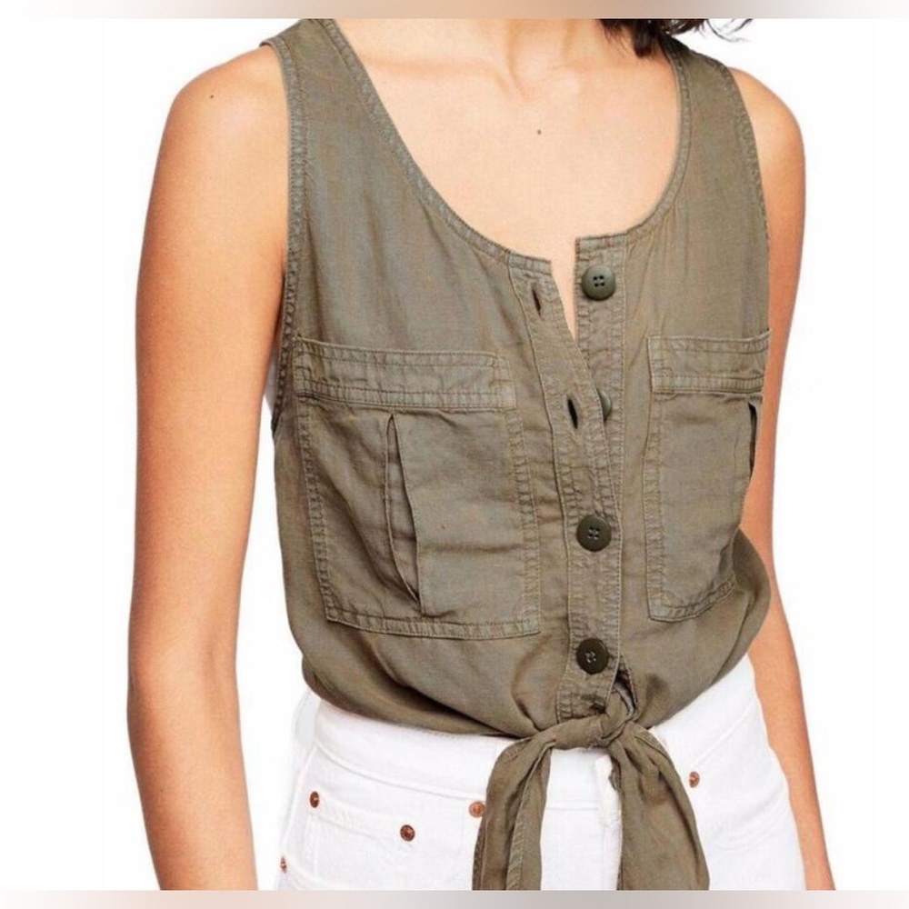 Free people highway cruising Linen blend Tie front army green tank